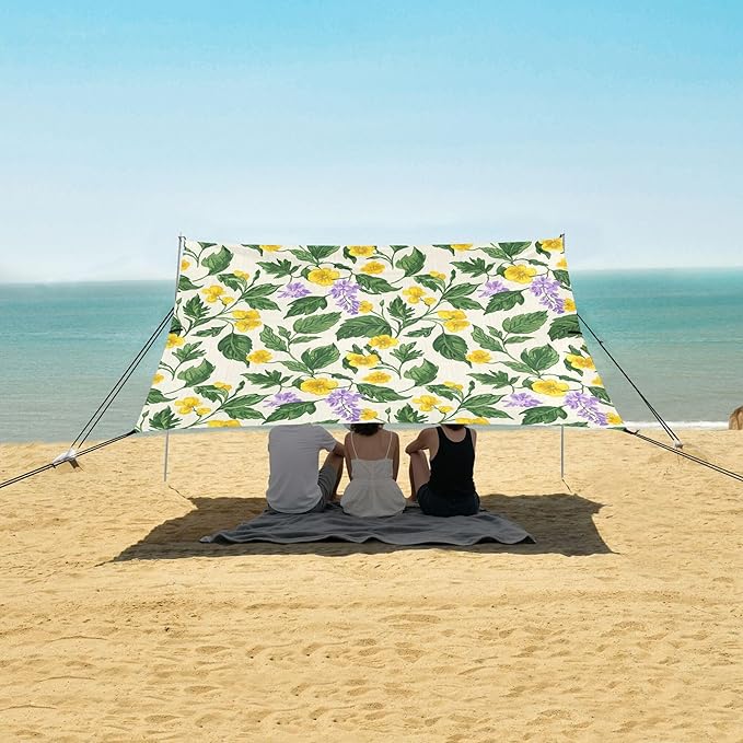 Wildflowers Beach Canopy Sun Shelter with Sandbags &amp Sand Shovel &amp Windproof Ropes - Portable 110x126 Beach Shade Beach Tent for Camping Picnics
