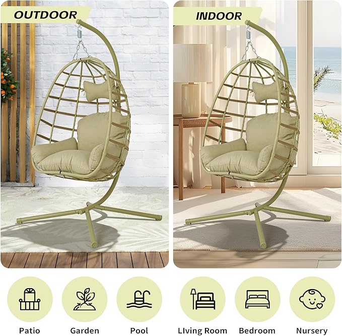 Hanging Egg Chair with Stand Outdoor Indoor Patio Rattan Swing Hammock Chairs with Washable Cushion 350lbs Capacity PE Wicker Swing Chair for Backyard Bedroom Garden (Cyan + Cyan Cushion)