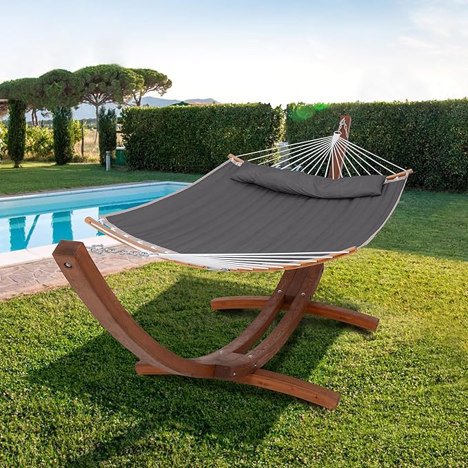 SUNCREAT Hammocks Standing Backyard Hammock with Stand 2 Person Heavy Duty Portable Hammock with 13.5 ft Wooden Stand Dark Gray