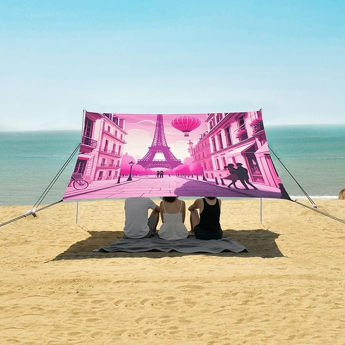 Beach Canopy with Windproof Ropes &amp Sandbags Beach Tent Sun Shade Sun Shelter for Camping Trips Fishing Backyard Fun or Picnics Eiffel Tower