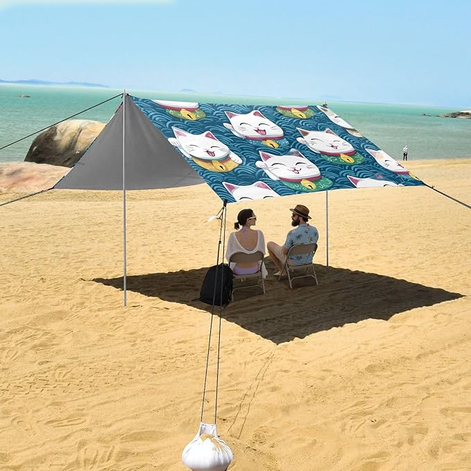ALAZA Lucky Cat Pattern Beach Tent Sun Shelter Portable Canopy Sunshade for Outdoor Camping Picnics Backyard Fun 10x9 ft