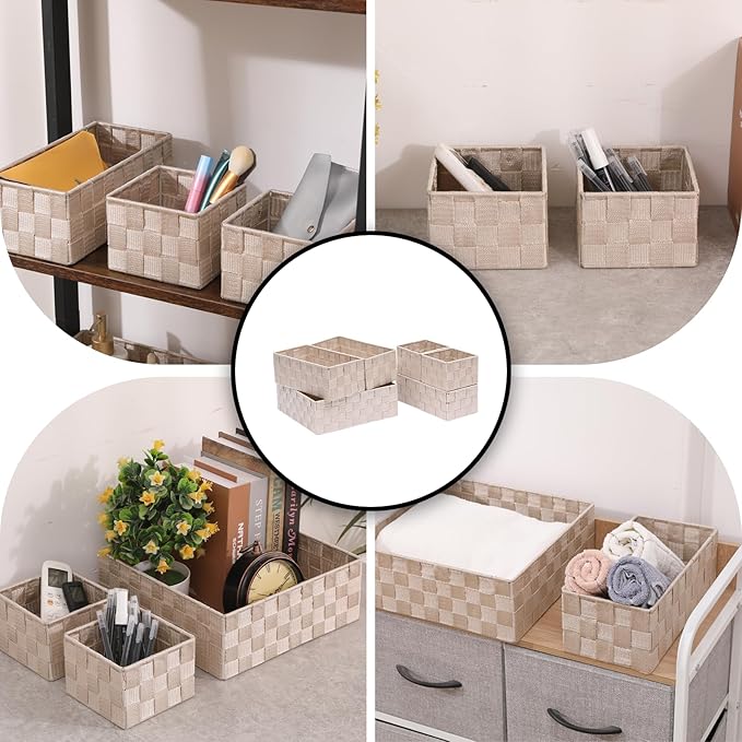 Storage Bins Woven Organizer Set of 6 – Polypropylene Storage Baskets with Metal Frame Stackable Fabric Boxes for Drawers Closet Shelf Nursery and Office Beige