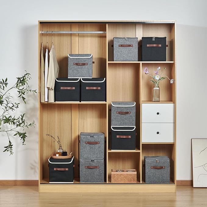 4PCS Storage Cubes with Lid Fabric Storage Bins Boxes PU Leather Handles Cotton Linen Closet Organizer Container Decorative Foldable Washable Shelf Cloth Basket (Flip-top Lid Gray 11in)