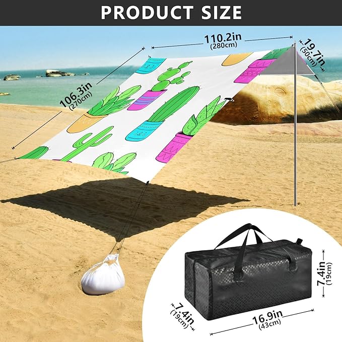 Beach Canopy with Windproof Ropes &amp Sandbags Beach Tent Sun Shade Sun Shelter for Camping Trips Fishing Backyard Fun or Picnics Cactus