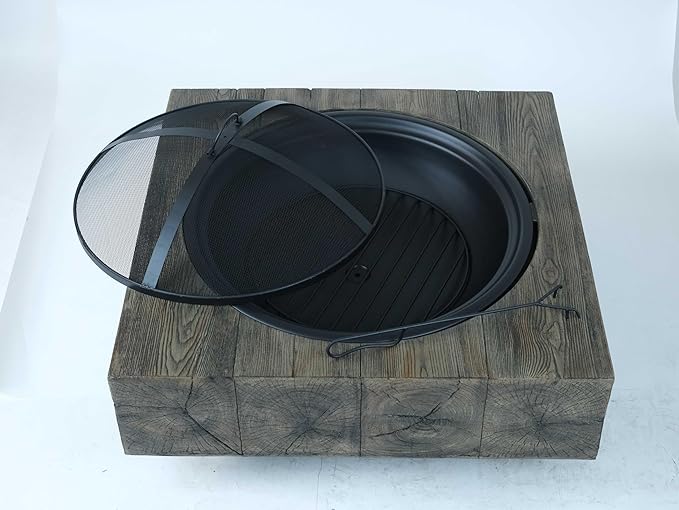 Outdoor Wood Burning Fire Pit with Wood Grain Design Magnesium Oxide Antique Dark Grey 27.4” x 24.4” x 18” for Garden and Patio