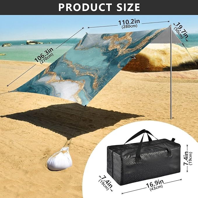 ALAZA Green Gold Marble Pattern Beach Tent Sun Shelter Portable Canopy Sunshade for Outdoor Camping Picnics Backyard Fun 10x9 ft