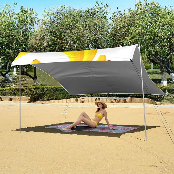 Beach Canopy with Windproof Ropes &amp Sandbags Beach Tent Sun Shade Sun Shelter for Camping Trips Fishing Backyard Fun or Picnics Banana