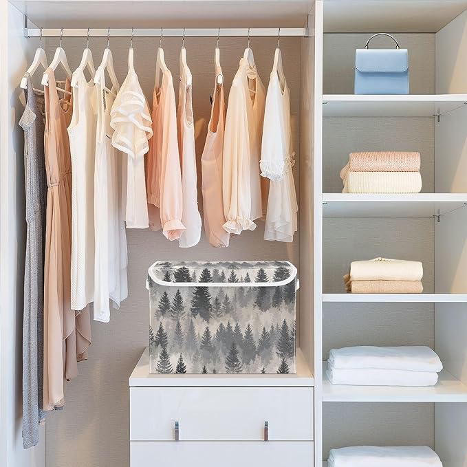 Storage Bins with Lids Storage Containers Box Organizer Bin Basket with Handles for Closet Shelves Clothes Stackable Foldable Decorative Gray Simple Pine Tree Forest