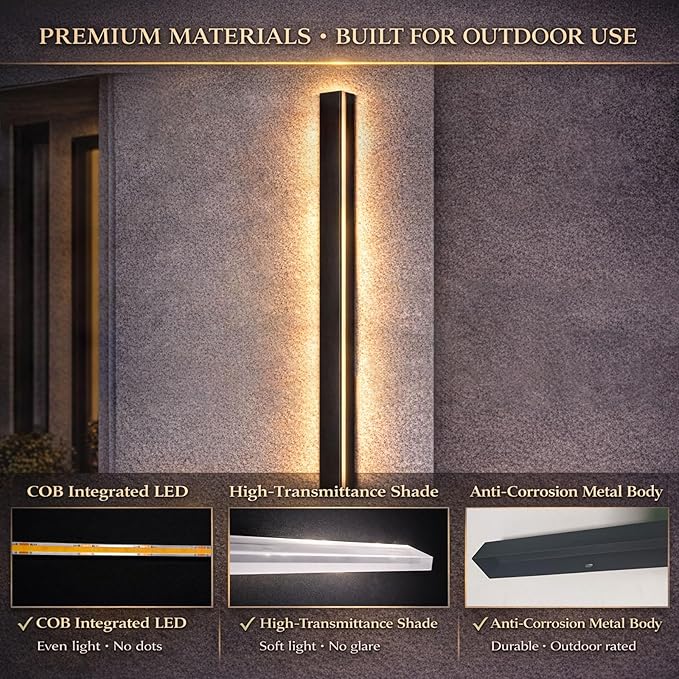 Modern Outdoor Wall Lights 79 Inch 3000K Linear Exterior Wall Light Wall Mount IP65 Waterproof Long Porch Wall Sconce Light for Front Door Garage (Black)