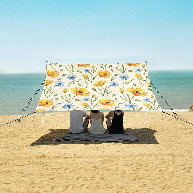 xigua Wildflowers Beach Tent Sun Shelter with Carrying Bag - Silver Coated Oxford Fabric Beach Canopy for Beach Camping Fishing - Includes Windproof Ropes Sandbags &amp Stakes