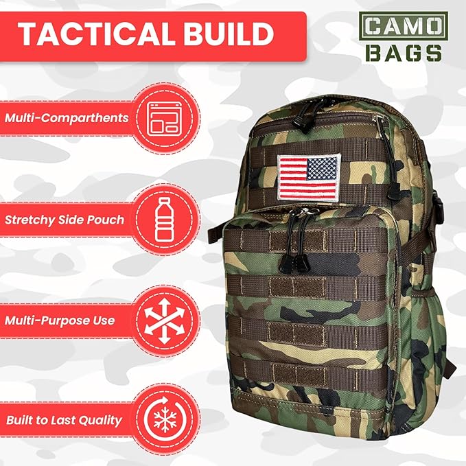 Camo Tactical Daypack Backpack - 1000D Polyester Tactical Backpack with Multi Compartments Air-Mesh Padded Back Side Compression &amp Adjustable Shoulder Straps - Travel Backpack Use for Outdoor &a