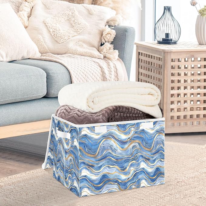 senya Large Storage Bins with Linen Collapsible Foldable Storage Cubes Fabric Closet Organizer Containers Box with Flip-Top Lid Home Bedroom Office 16.7 x 12.6 x 11.8in (Blue Gold)