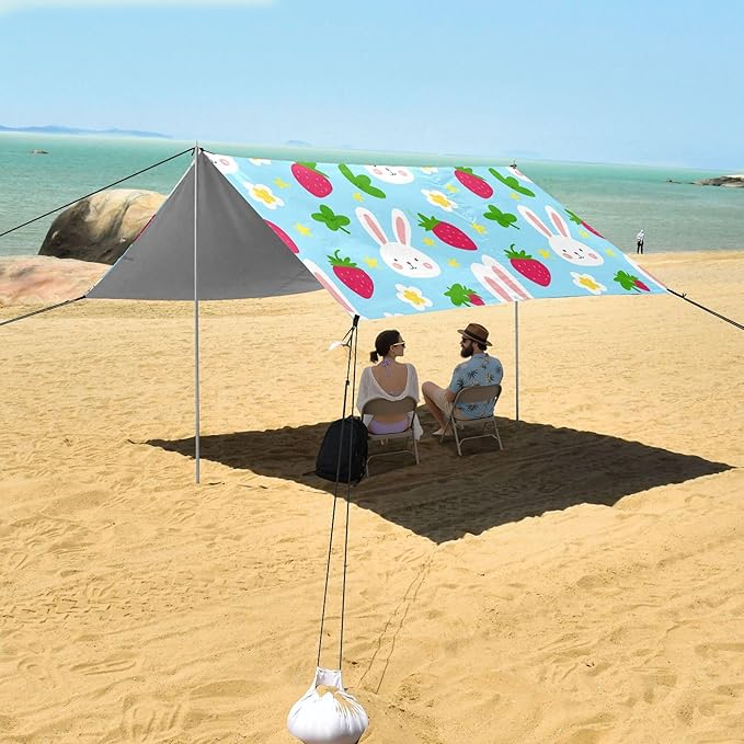 Rabbit Beach Canopy Sun Shelter with Sandbags &amp Sand Shovel &amp Windproof Ropes - Portable 110x126 Beach Shade Beach Tent for Camping Picnics