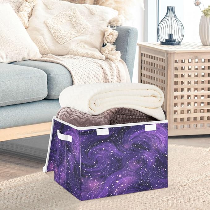 Storage Bins With Lid Stackable Fabric Closet Organizer Clothing Storage Large Boxes For Closet Shelves Bedroom Dark Purple Star Interstellar