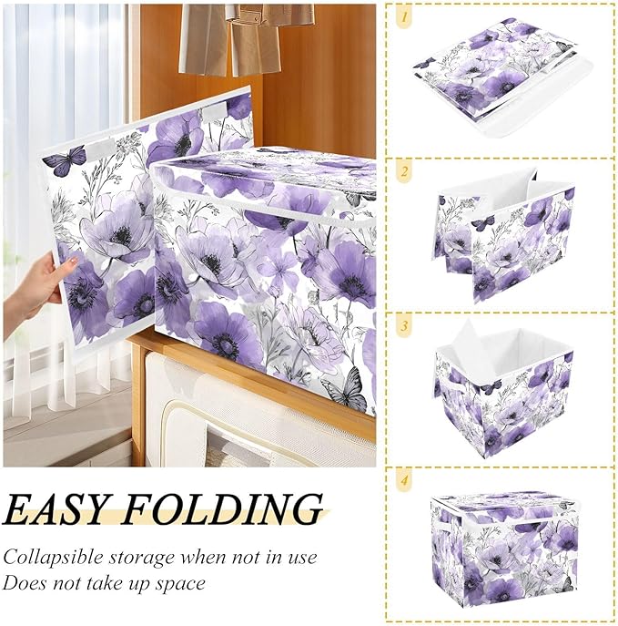 Elegant Purple Flowers Butterflies Storage Box with Lid 1 PC Foldable Storage Bin with Lids Stackable Storage Bins Cube Closet Organizer Basket with Flip-Top Lid &amp Handles for Shoes Books Towels