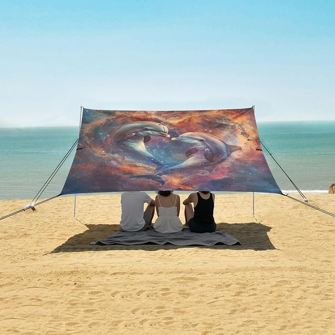 ALAZA Two Dolphins Nebula Beach Tent Sun Shelter Portable Canopy Sunshade for Outdoor Camping Picnics Backyard Fun 10x9 ft