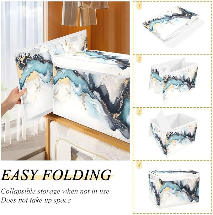 Storage Cube with Lid Teal Gold Marble Print 16.5×12.6×11.8 IN 1 Pack Collapsible Large Capacity Foldable Storage Basket Bin Organizer