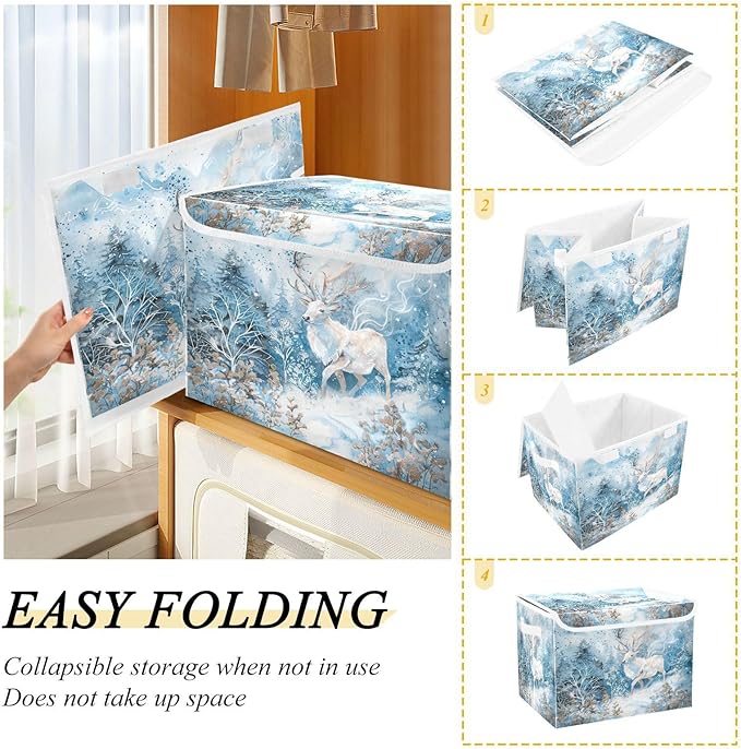 senya Winter Baskets Collapsible Storage Bins with Lids Winter White Reindeer Snow Storage Boxes Clothes Baskets for Organizing