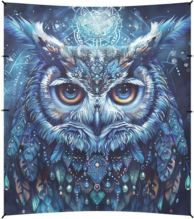 ALAZA Boho Owl Blue Beach Tent Sun Shelter Portable Canopy Sunshade for Outdoor Camping Picnics Backyard Fun 10x9 ft