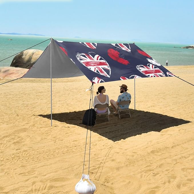 ALAZA British Flag Love Hearts Beach Tent Sun Shelter UPF50+ Protection Beach Shade Canopy w/ 4 Sandbags for Outdoor Camping Fishing Backyard Fun Picnic 10x9 ft