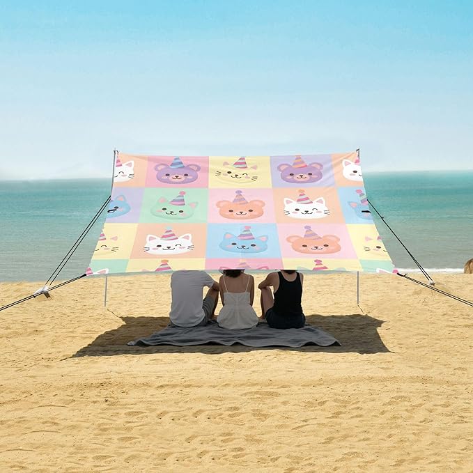 Animal Beach Canopy Sun Shelter with Sandbags &amp Sand Shovel &amp Windproof Ropes - Portable 110x126 Beach Shade Beach Tent for Camping Picnics