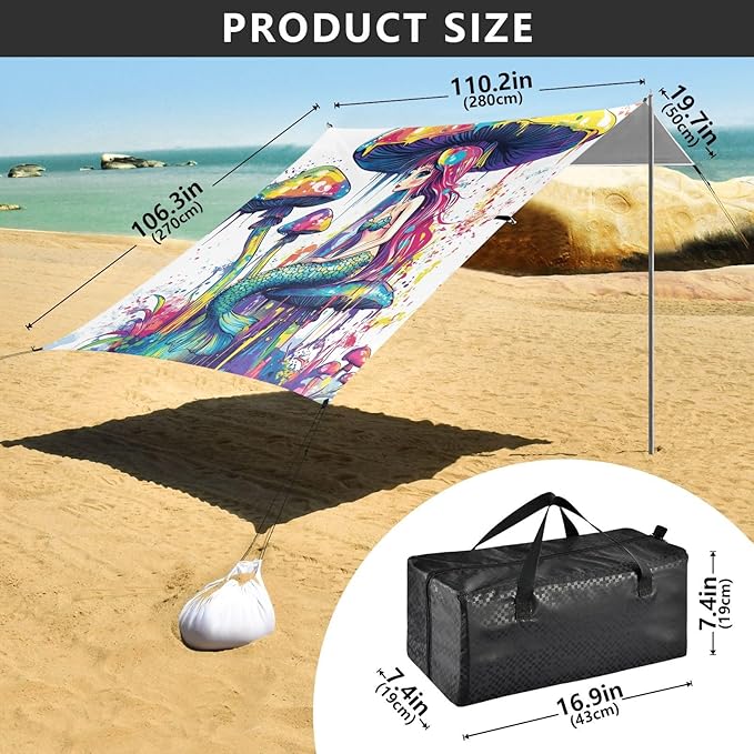 Funny Mermaid1 Foldable Beach Tent UPF50 Water-Resistant Sun Shelter with Sand Shovel Sandbags for Family Trips Picnics &amp Camping