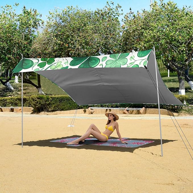 St Patrick's Clover Pattern Beach Tent Sun Shelter Set UPF50+ UV Protection 10.5 x 9.19 FT Camping Shade Canopy with Sandbags Sand Anchors Carrying Bag and Others