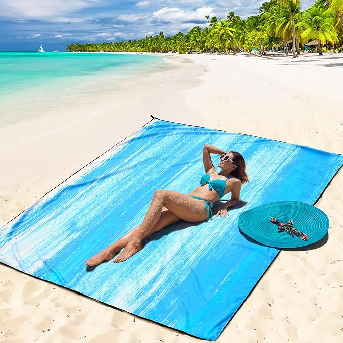 Beach Blanket Waterproof Sandproof Beach Mat 79 X 83/10'x9'for 2-8 Adults Quick Drying Outdoor Picnic Mat Beach Accessories for Travel Camping Hiking