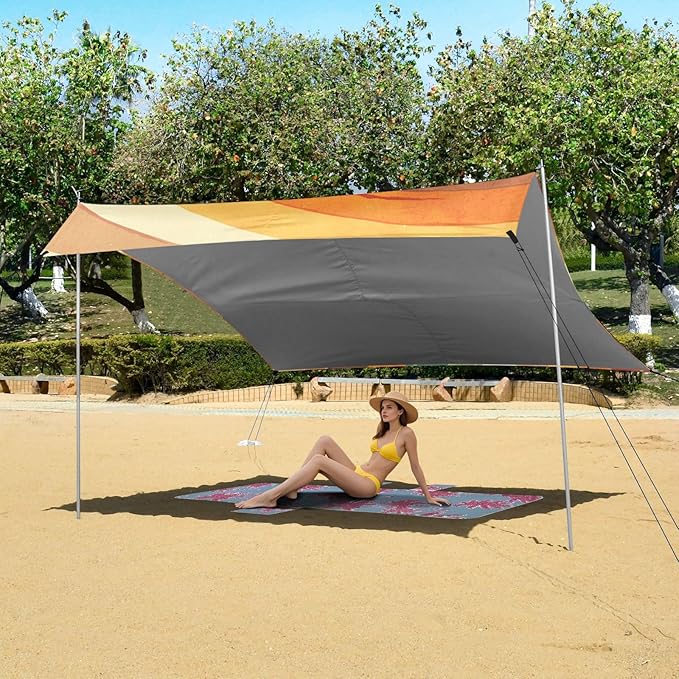 Brown Tie-dye Background Rainbow Colors Tie-dye Pattern Stable Beach Tent UPF50 Easy Setup Large Portable Sun Shelter with Sandbags and Shovel for Camping Picnics Backyard &amp Fishing