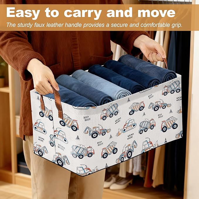Storage Bin with Handles Cute Car Excavator Collapsible Laundry Baskets for Books Laundry - Use in Nursery Closet Organizers and Storage Blanket Basket