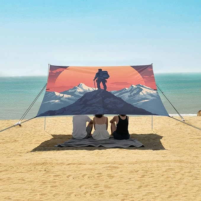 ALAZA Man Mountain Sunset Travel Beach Tent Sun Shelter UPF50+ Protection Beach Shade Canopy w/ 4 Sandbags for Outdoor Camping Fishing Backyard Fun Picnic 10x9 ft