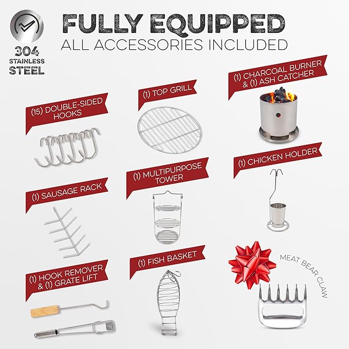 Barrel Smoker Grill Combo | 100% 304 Stainless Steel Barrel | 95% Less Smoke Even Heat | Easy to Use &amp Clean – Vertical Smoker Ideal for Balconies and Backyards (MEDIUM-25 LBS)
