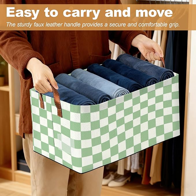 32L Large Storage Bins with Handles Basket Organizer for Shelves Closet Books Laundry &amp Home Decor (Racing Flag Grid)