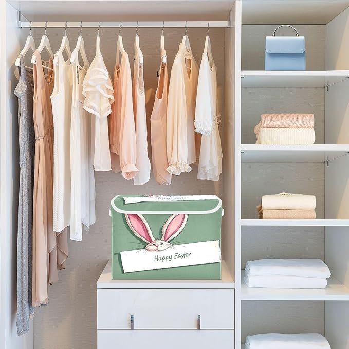Happy Easter Storage Baskets with Lids Collapsible Bins Stackable Fabric Linen Baskets Closet Organizer Container 16.5x12.6x11.8
