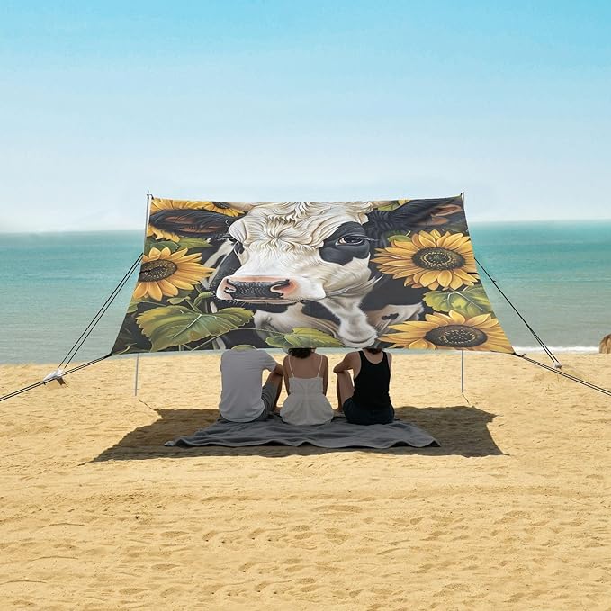 ALAZA Cow and Sunflower Beach Tent Sun Shelter UPF50+ Protection Beach Shade Canopy w/ 4 Sandbags for Outdoor Camping Fishing Backyard Fun Picnic 10x9 ft
