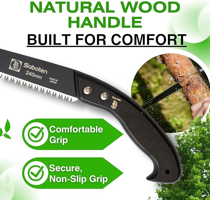 Saboten Japanese Pruning Saw 9.4 in (240mm) – Fluorine-Coated High-Carbon Steel Blade 7.5mm Tooth Pitch Smooth Pull Cuts Wooden Handle Wood Sheath Included Made in Japan