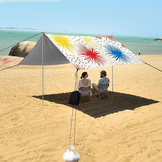 Fireworks Beach Canopy Sun Shelter with Sandbags &amp Sand Shovel &amp Windproof Ropes - Portable 110x126 Beach Shade Beach Tent for Camping Picnics
