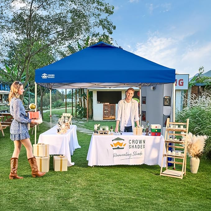CROWN SHADES Canopy Tent 10 x 10 Foot Portable Pop Up Outdoor Shelter with Pocket Sidewall Push Center Lock UV Protection and Carry Bag Blue