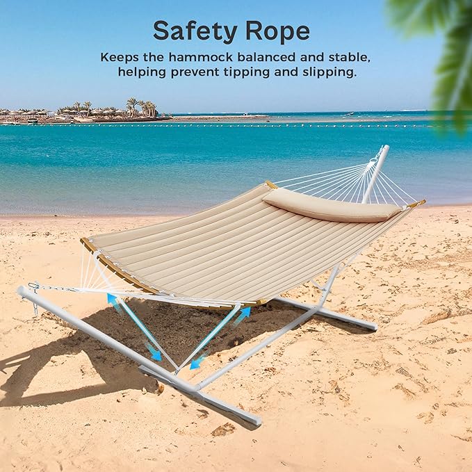 SUPERJARE Hammock with Stand 2 Person Heavy Duty Hammock with Padded Cotton Detachable Pillow &amp Strong Curved-Bar &amp Portable Carrying Bag Perfect for Outdoor &amp Indoor Beige