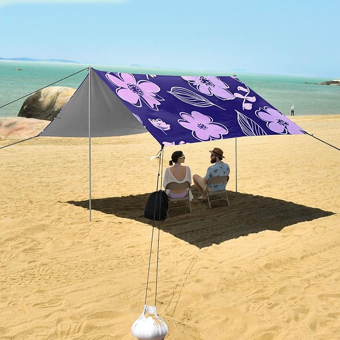 Beach Canopy with Windproof Ropes &amp Sandbags Beach Tent Sun Shade Sun Shelter for Camping Trips Fishing Backyard Fun or Picnics Purple Flowers