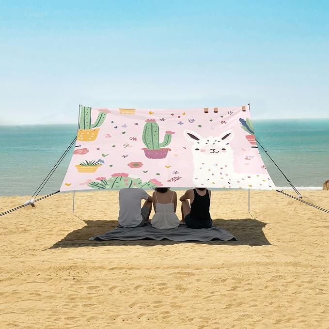 ALAZA Cute Llama and Cactus on Pink Beach Tent Sun Shelter Portable Canopy Sunshade for Outdoor Camping Picnics Backyard Fun 10x9 ft