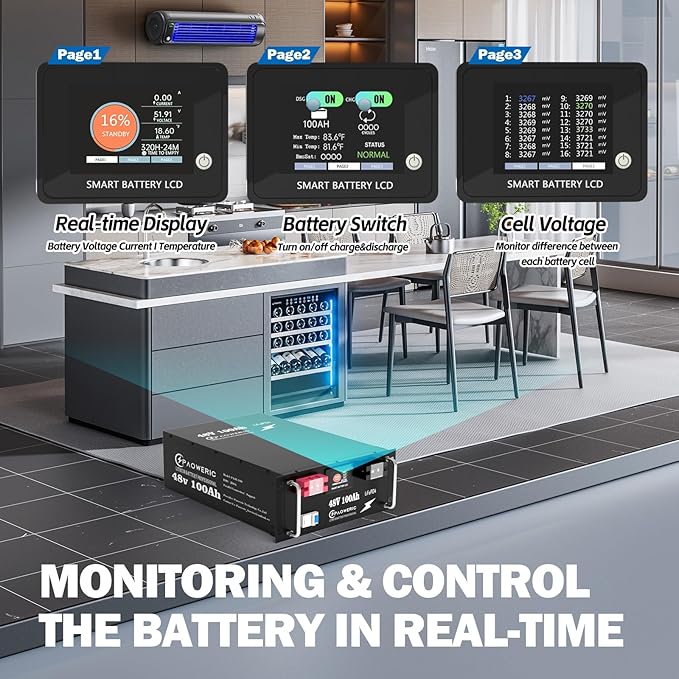 48V 100Ah LiFePO4 Battery - 200A Smart BMS Touch Screen &amp APP Control 10240W Max Output Ideal for Solar/Off-Grid Energy Storage