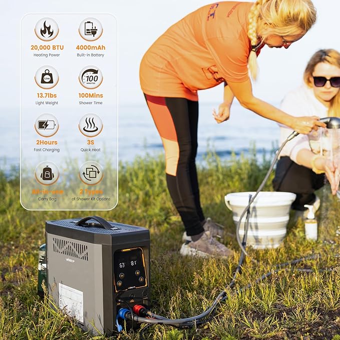 Powered Portable Water Heater On-Demand Propane Camping Shower Battery-Powered Camping Water Heater &amp Shower Pump Constant Temperature Rechargeable Battery