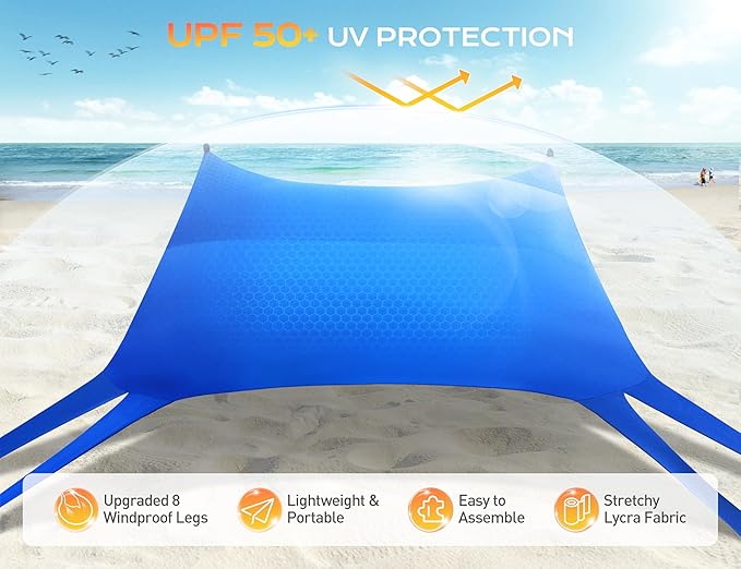 Rengue Beach Tent Beach Canopy UPF50+ UV Protection 10x10ft Beach Shade Sun Shelter with 8 Sandbags Sand Shovels Ground Pegs Stability Poles for Camping Fishing Picnic Backyard Fun Royal Blue