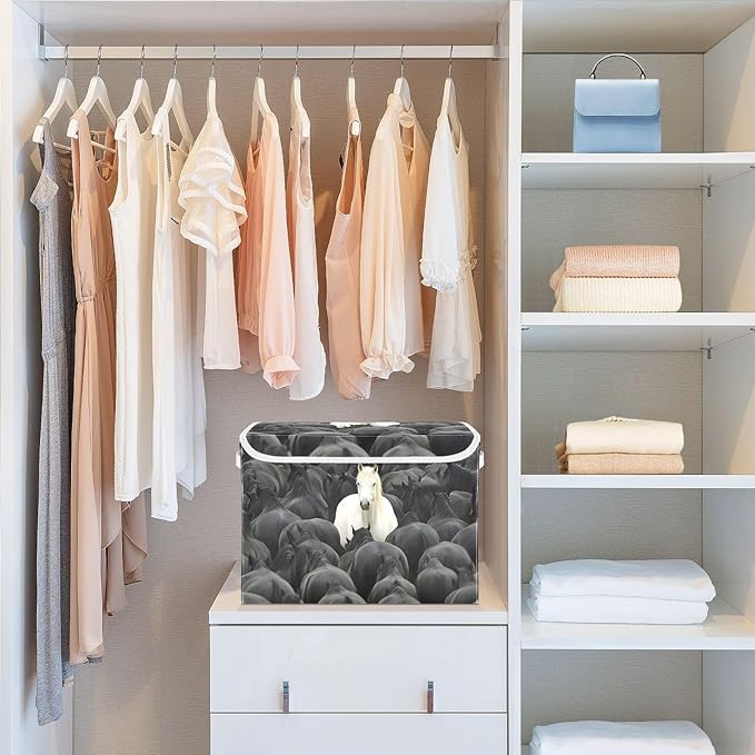 White Horse in Black Storage Cube Bins Basket with Lid Collapsible Flip-top Fabric with Handle for Home Bedroom Closet Office 16.5×12.6×11.8 in