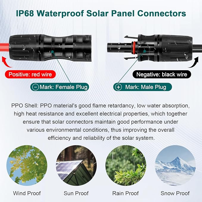 Solar Panel Extension Cable - 8AWG 30FT Solar Wire with Female &amp Male Waterproof Connector Flame Retardant Protective Sleeving PV Wire for RV Photovoltaic Systems Home Boat Solar Panels Car