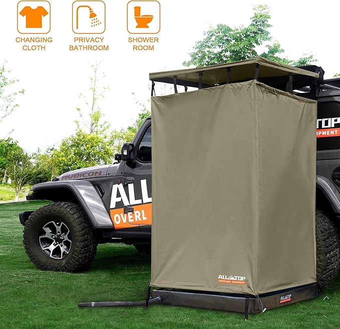 ALL-TOP Awning Shower Room w/Foldable Floor Mat 3.3ft x 3.3ft Privacy Shelter Restroom w/Roof LED Light Drain Pipe Carside Bathroom