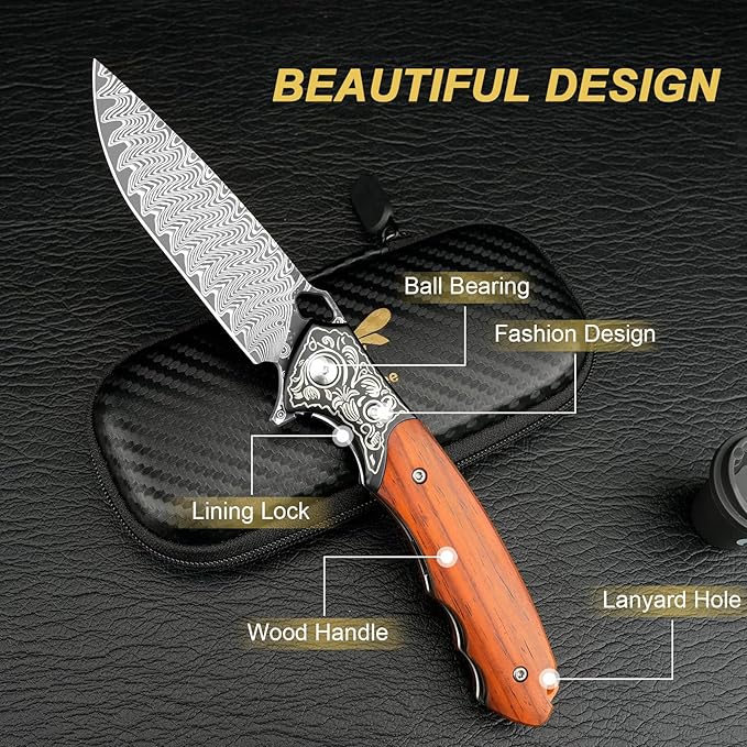Zingbee Damascus Folding Knife 3.39 VG10 Core Damascus Steel Blade Pocket Knife for EDC Wood Handle Pocket Knives for Camping Survival Hunting