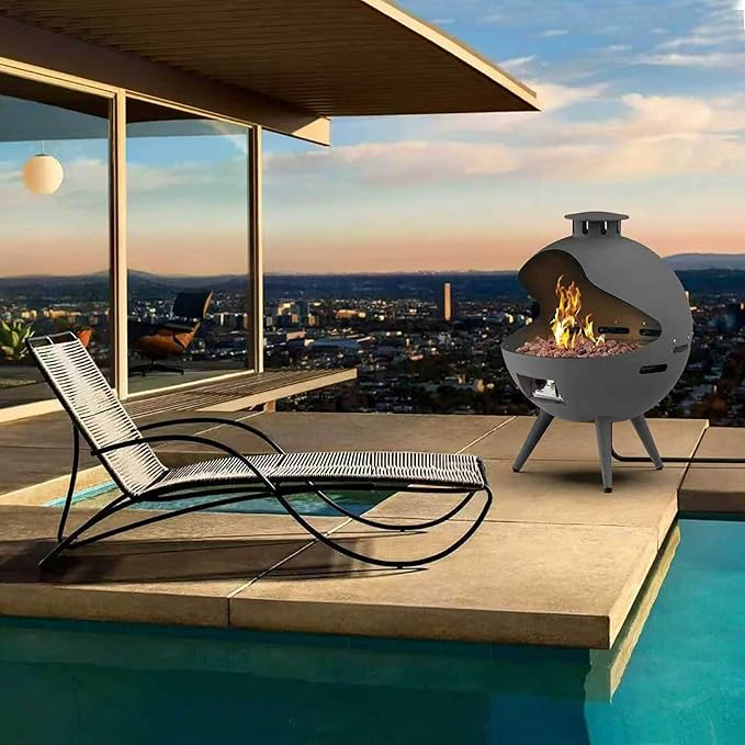 24-Inch Chimenea Propane Fire Pit with Natural Gas Conversion Kit 55000 BTU Gas Fire Pit Hemispherical 3-Legged Firepit with Lava Rocks and Rain Cover Gray
