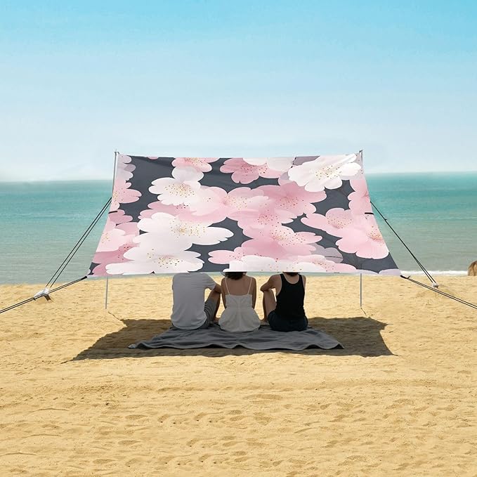 ALAZA Pink Cherry Blossom Floral Beach Tent Sun Shelter UPF50+ Protection Beach Shade Canopy w/ 4 Sandbags for Outdoor Camping Fishing Backyard Fun Picnic 10x9 ft
